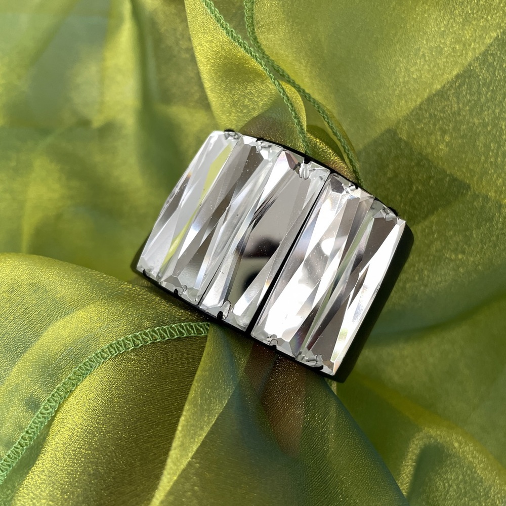 Sigal Crystal and Black Leather Cuff Bracelet